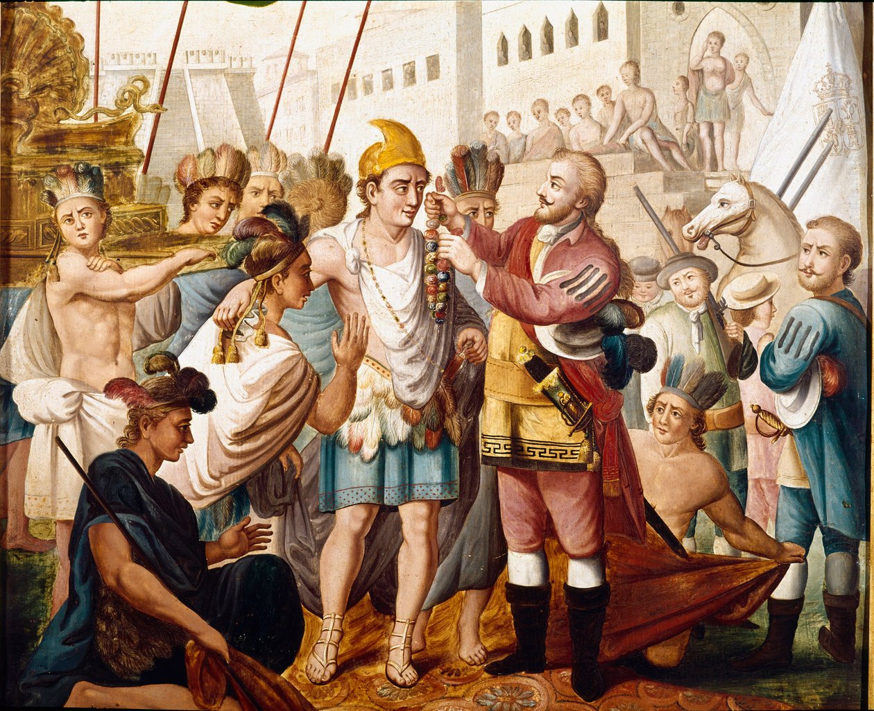 الاجتماع بين هرنان (أو هيرناندو) كورتيس أو فرناند كورتيز (1485-1547) وملك الأزتك مونتيزوما (أو موكتيزوما: 1466-1520) في نوفمبر 1519 لوحة مجهولة من القرن التاسع عشر. متحف أمريكا ، مدريد. بواسطة فنان غير معروف