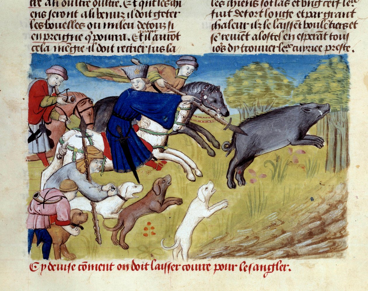 The miniature wild boar hunt from “” The book of hunting”” by Gaston III Phoebus, Count of Foix, Lord of Bearn (1331-1391) بواسطة فنان غير معروف