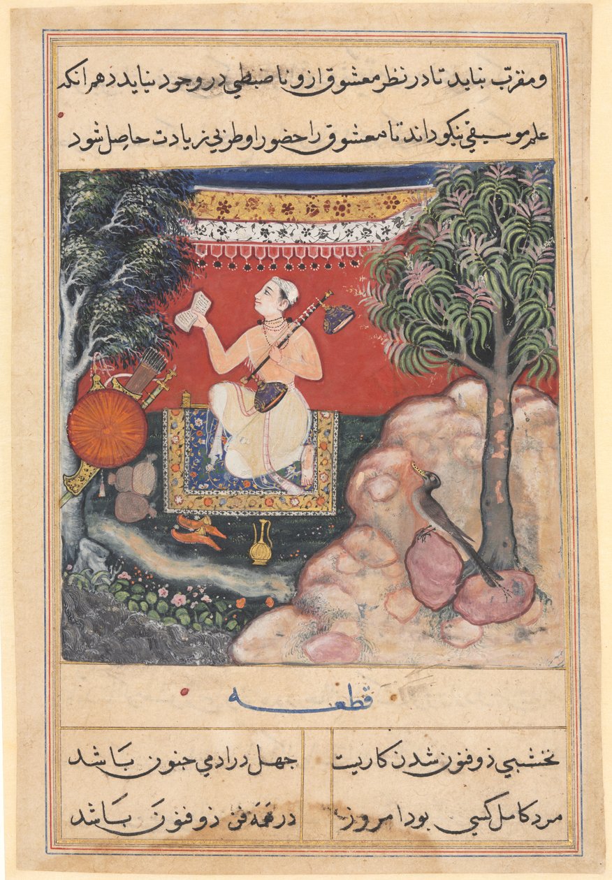 أصل الموسيقى من طائر رائع في الهند به سبعة ثقوب في منقاره ، من Tuti-nama (حكايات ببغاء): الليلة الرابعة عشرة بواسطة فنان غير معروف