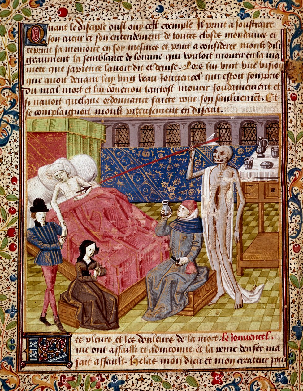 أصيب المريض بالذهول من الموت المصغر المأخوذ من "" Le Tresor de Sapience "(أو" Le traite du jardin amoureux ") بواسطة جان جيرسون (1363-1429) من القرن الخامس عشر شانتيلي ، متحف كوندي بواسطة فنان غير معروف