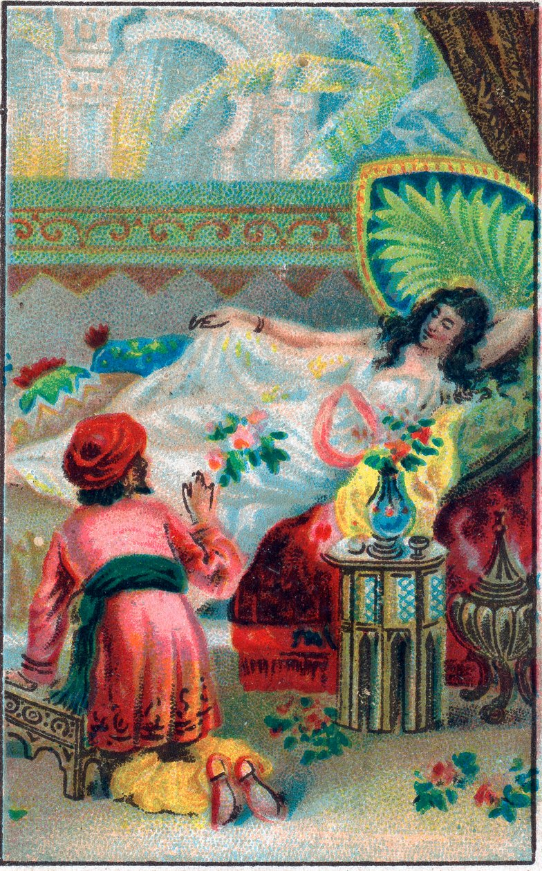 الأمير والأميرة. حكاية "" تاريخ الحصان المسحور "" في "" ألف ليلة وليلة "" (1001 Nights or Le mille e una notte، Arabian Nights). الطباعة الحجرية الملونة في أواخر القرن التاسع عشر. بواسطة فنان غير معروف