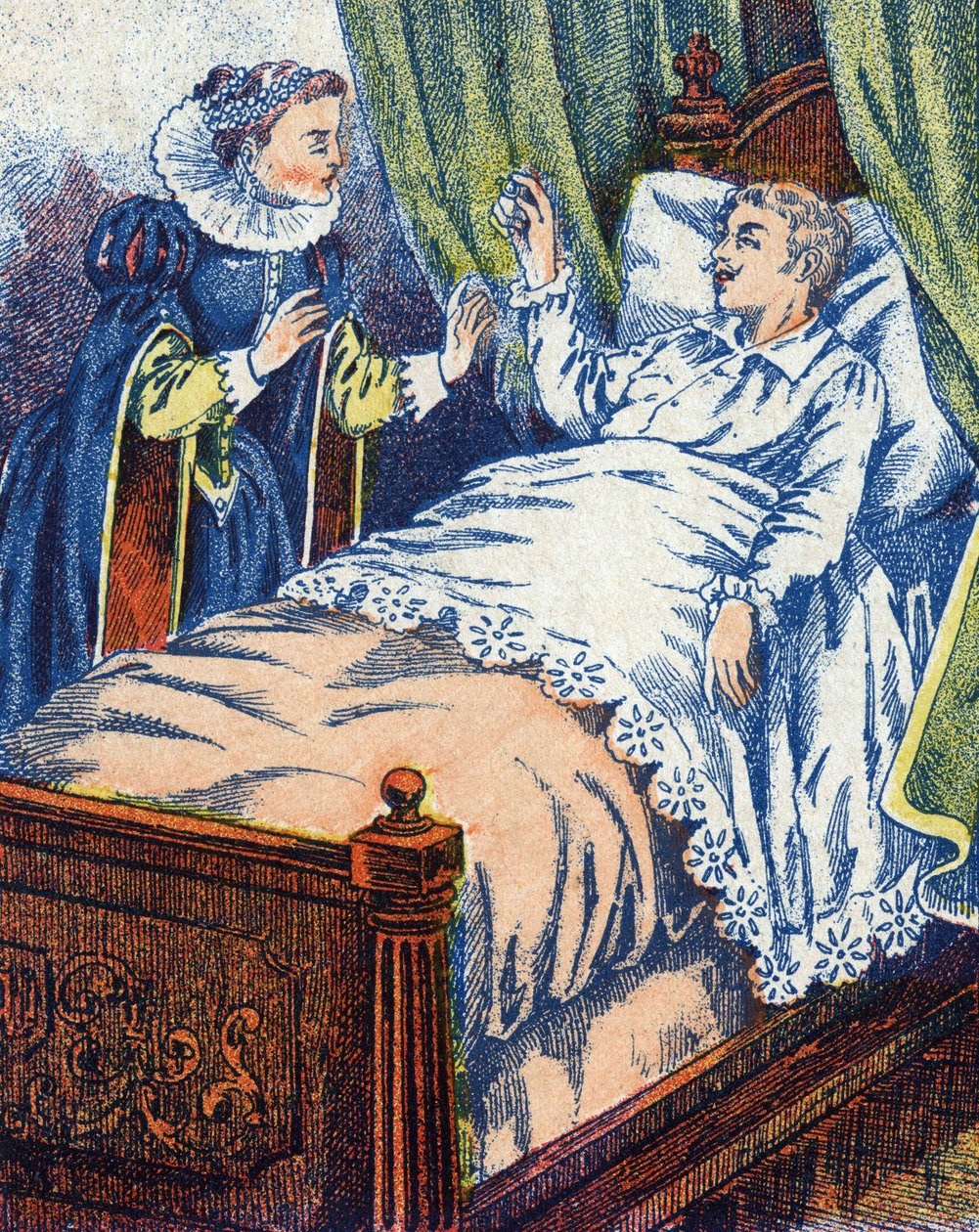 يعرض الأمير الخاتم لأمه. رسم مجهول لحكاية "" جلد الحمار "للكاتب الفرنسي تشارلز بيرولت (1628-1703). الصور مارسيل فاني ، جارفيل نانسي ، بدون تاريخ (أواخر القرن التاسع عشر). بواسطة فنان غير معروف