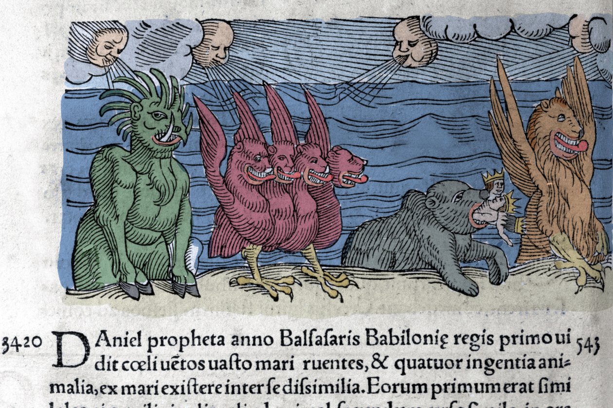 يرى النبي دانيال ظهور الوحوش: هانيئيل ، وكفزيل ، وعزريئيل ، وأنئيل. نقش من كتاب "The Book of Prodigiorum ac ostentorum Chronicon Basileae" بقلم وولفارت (كونراد ليكوستين) 1557 بواسطة فنان غير معروف