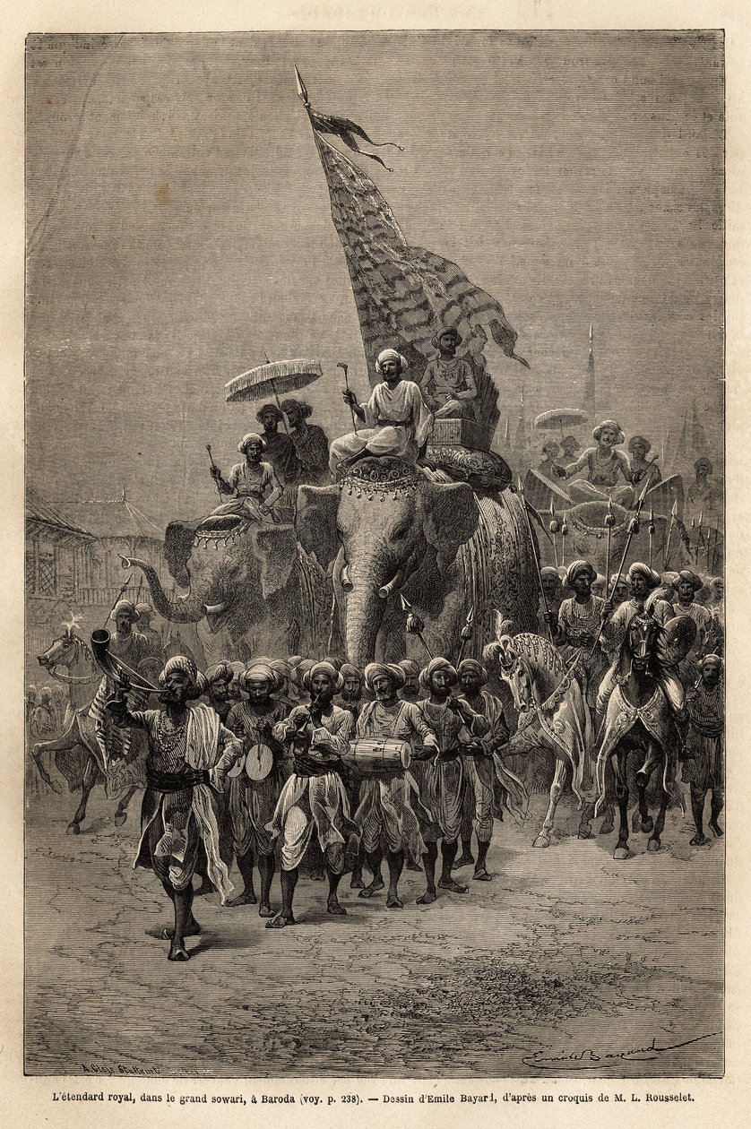 الراية الملكية ، في سواري (موكب عسكري) ، في بارودا (أو فادودارا) ، ولاية غوجارات على الساحل الشمالي الشرقي للهند. نقش لتوضيح رحلة الراجاس في الهند ، بقلم لويس روسيليت ، في ١٨٦٤-١٨٦٨ ، نُشر في "" Le tour du monde بواسطة فنان غير معروف
