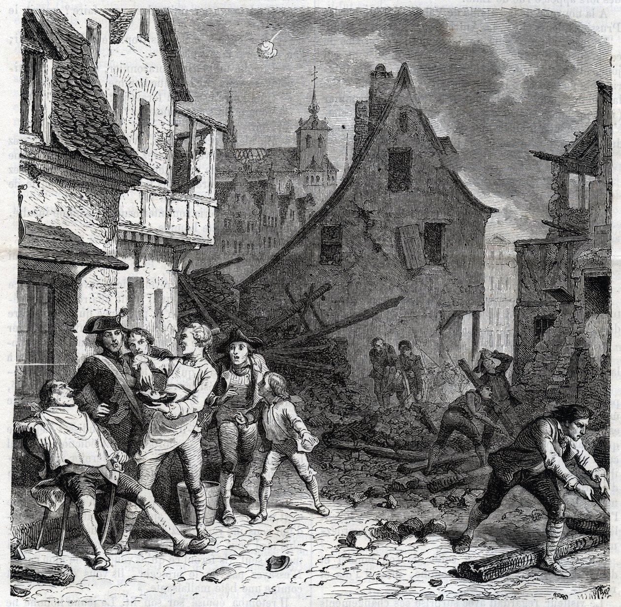 صحن الحلاقة ليل. حلقة من حصار ليل عام 1792 أثناء الحروب الثورية الفرنسية - Le siege de Lille en octobre 1792 - Revolution francaise - قصف النمساويين والبروسيين - يستخدم Barber نصف قنبلة كطبق لحية - engr بواسطة فنان غير معروف