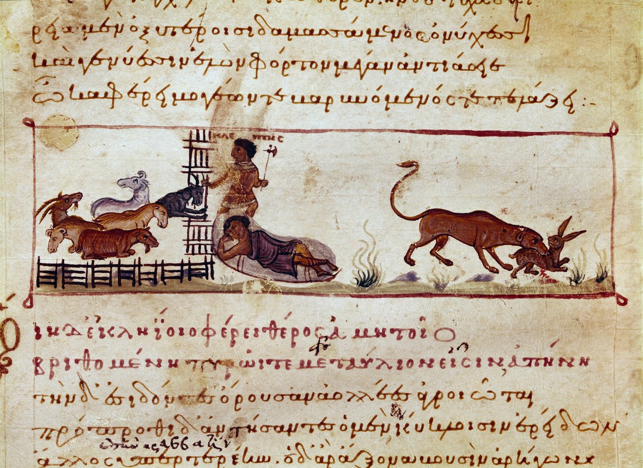 تربية الأغنام ، على اليمين ، يلتهمها وحش مصغر مأخوذ من حلب الصيد "The Cynegetics" من قبل أوبيان (أوبيان أو أوبيانوس) في سوريا (القرن الثالث الميلادي) المخصصة لكركلا. مدينة البندقية في القرن الحادي عشر. مكتبة مارسيانا بواسطة فنان غير معروف