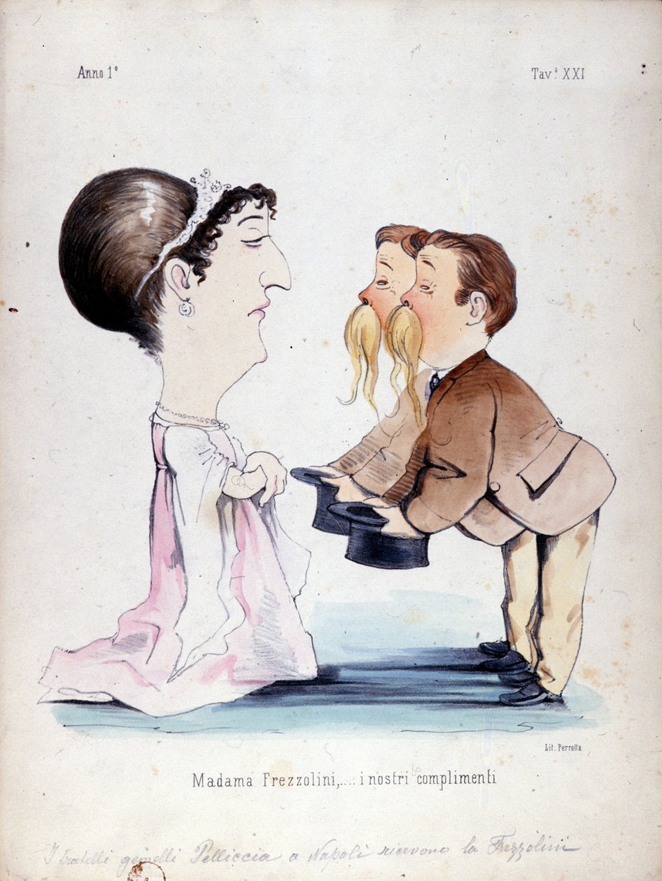 استلم الأخوان التوأم بيليتشيا Erminia Frezzolini ، السوبرانو الإيطالية (1818-1884). كارتون من القرن التاسع عشر. بواسطة فنان غير معروف