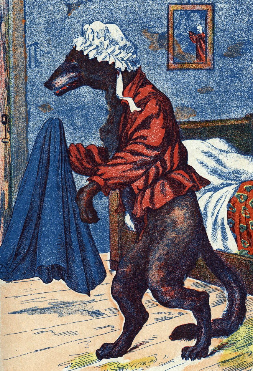 يلبس الذئب ثياب الجدة. رسم مجهول لـ "The Little Red Riding Hood" ، حكاية تشارلز بيرولت (1628-1703) ، الكاتب الفرنسي. الصور مارسيل فاني ، جارفيل نانسي ، بدون تاريخ (أواخر القرن التاسع عشر). بواسطة فنان غير معروف