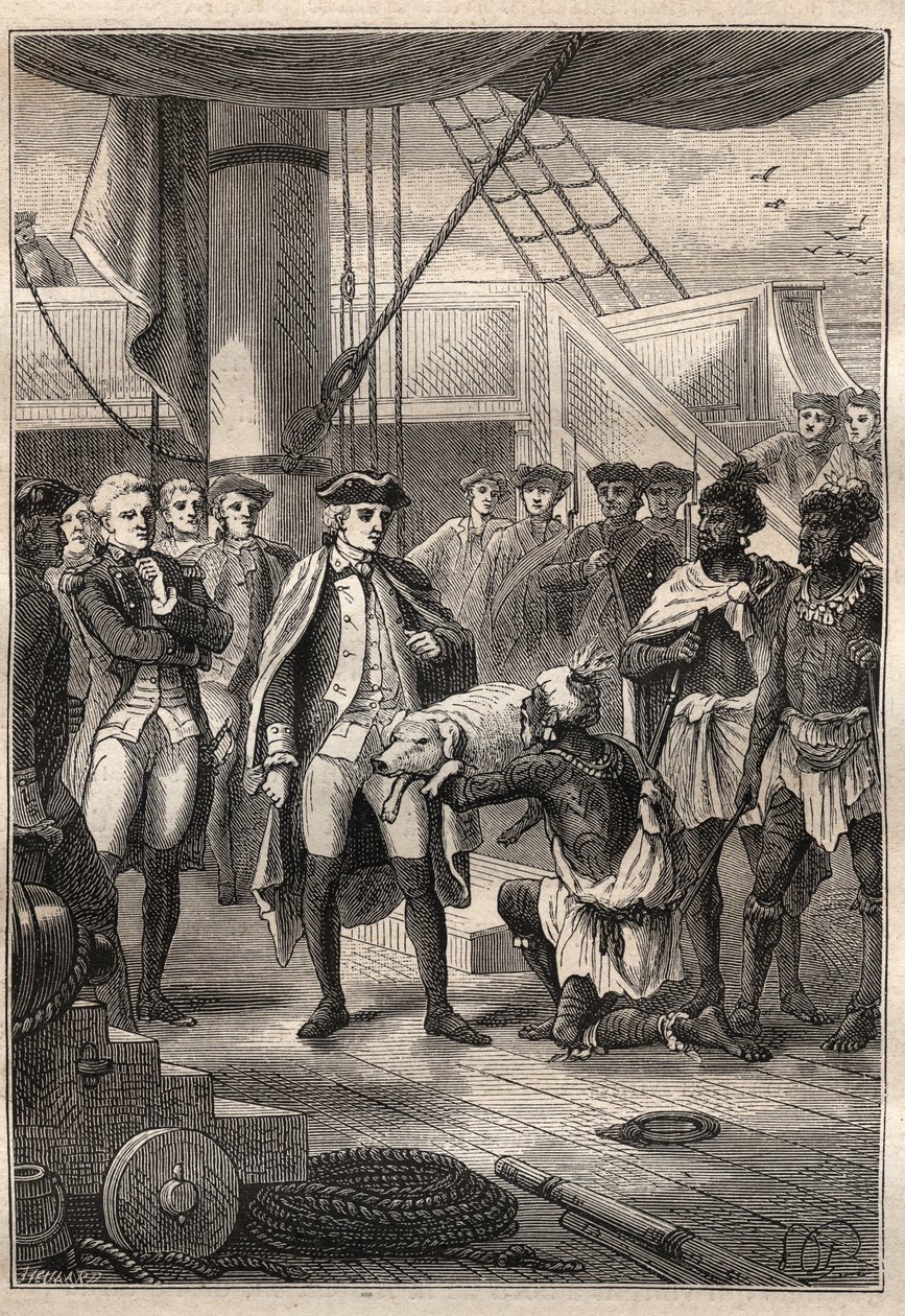 الرحلة الثالثة (1776-1779) للكابتن جيمس كوك (1728-1779): يقدم الكاهن كواه خنزيرًا صغيرًا إلى كوك على متن السفينة ريزوليوشن (هاواي) - رسم توضيحي من "البحارة العظماء في القرن الثامن عشر" بواسطة فنان غير معروف