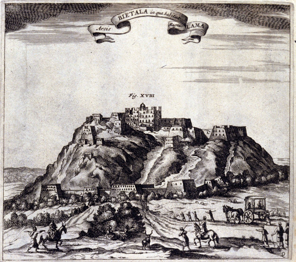 التبت. منظر لبوتالا أو القصر أو الدالاي لاما في لاسا. "De China Monuments" لأثناسيوس كيرشر (1601 - 1680) ، يسوعي ، مستشرق وعالم ألماني ، أمستردام 1667. بواسطة فنان غير معروف