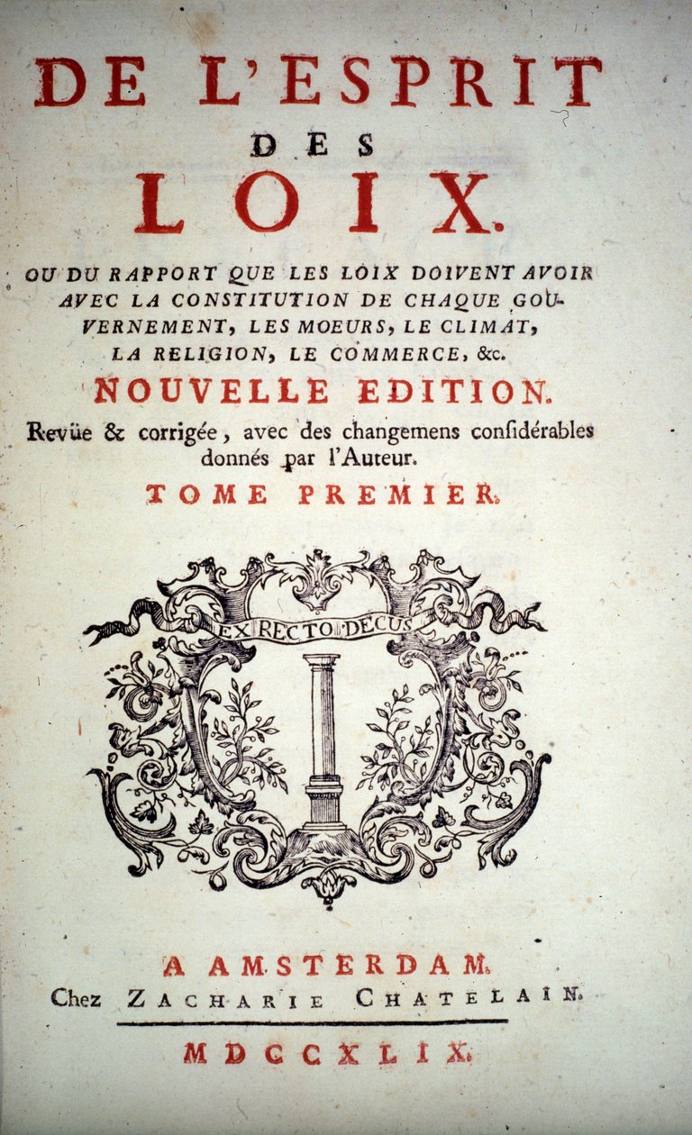 صفحة عنوان "L'Esprit des lois" بقلم تشارلز لويس دي سيكندات ، وبارون دي لا بريدي ودي مونتسكيو (1689-1755). إصدار أمستردام 1749. بواسطة فنان غير معروف