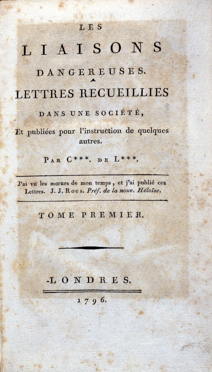 صفحة عنوان كتاب "Les Liaisons Dangereuses" "لشودرلوس دي لاكلوس ، لندن بواسطة فنان غير معروف