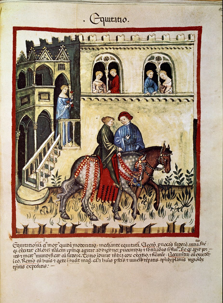 علاج الطب: "" فوائد ركوب الخيل "" الصفحة مأخوذة من "" Tacuinum sanitatis "(كود سر. نوفمبر 2644) حوالي 1400 فيينا ، Osterreischische Nationalbibliothek بواسطة فنان غير معروف