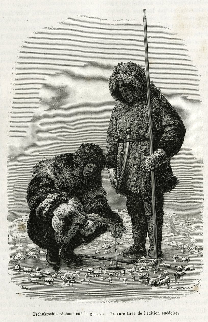 Tschuktschis الصيد على الجليد في خليج Koljutschin (الدائرة القطبية). نقش من النسخة السويدية ، لتوضيح قصة "" رحلة دي لا فيغا حول آسيا وأوروبا "، بقلم نيلس أدولف إريك (إريك) بارون نوردنسكجولد (نوردنسكيولد) (1832-1901) ، في 1878-1880 بواسطة فنان غير معروف