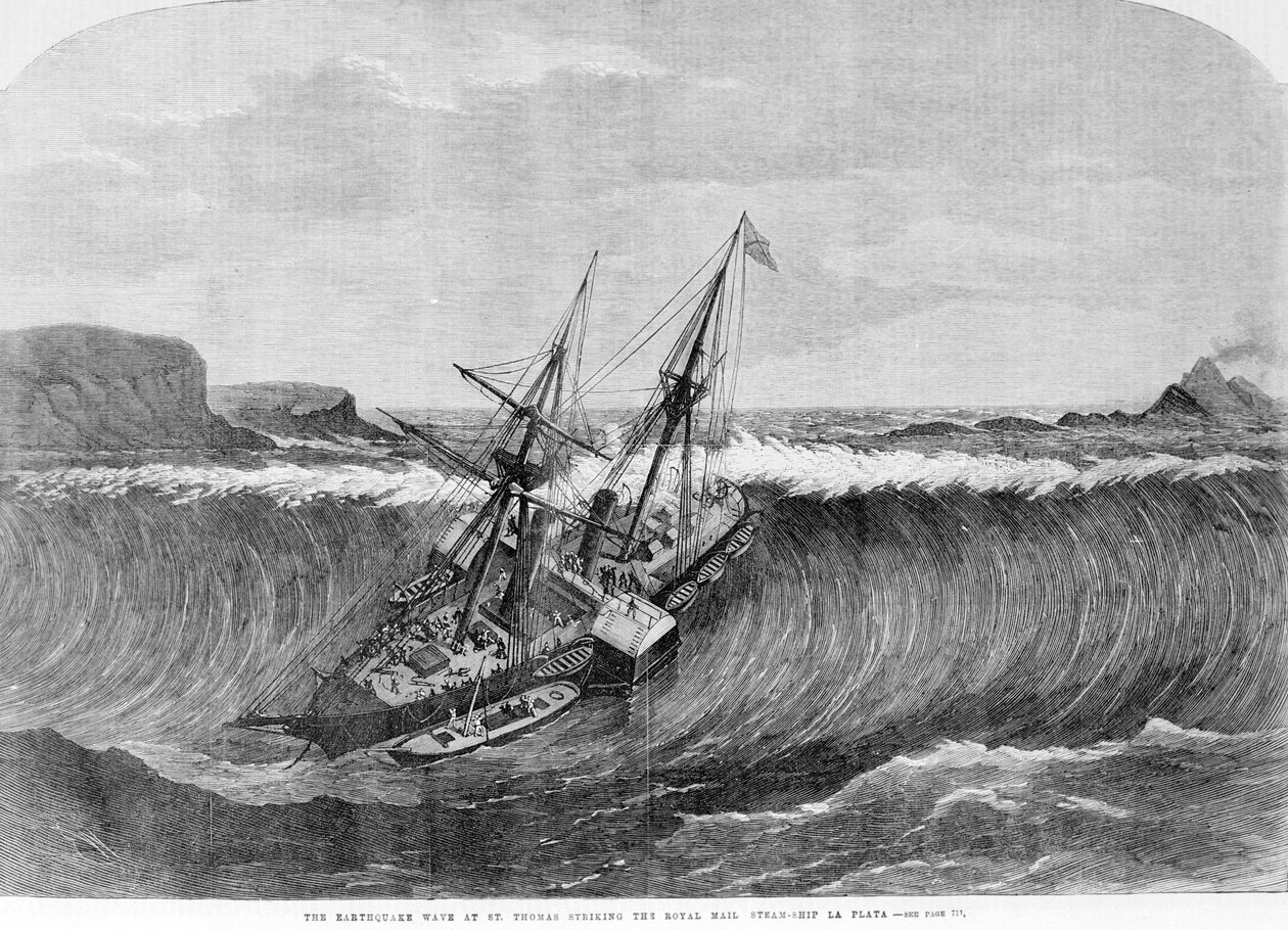 تسونامي 1867. تسبب الزلزال الذي وقع في سانت توماس في موجات كبيرة ضربت السفينة "لا بلاتا" في عام 1867. بواسطة فنان غير معروف