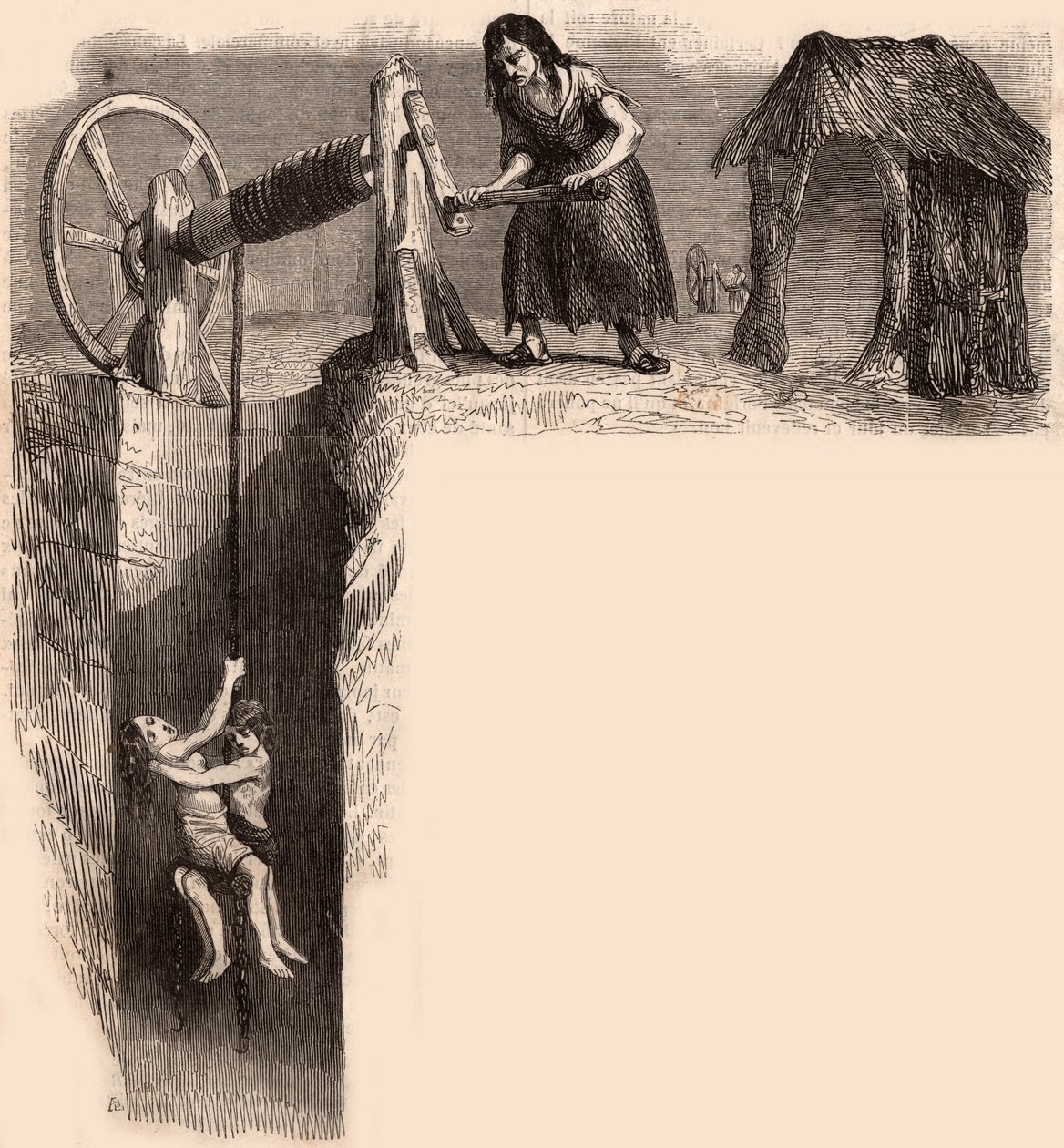 Two exhausted children taken out from an English coal mine by a woman with a winch (engraving) بواسطة فنان غير معروف