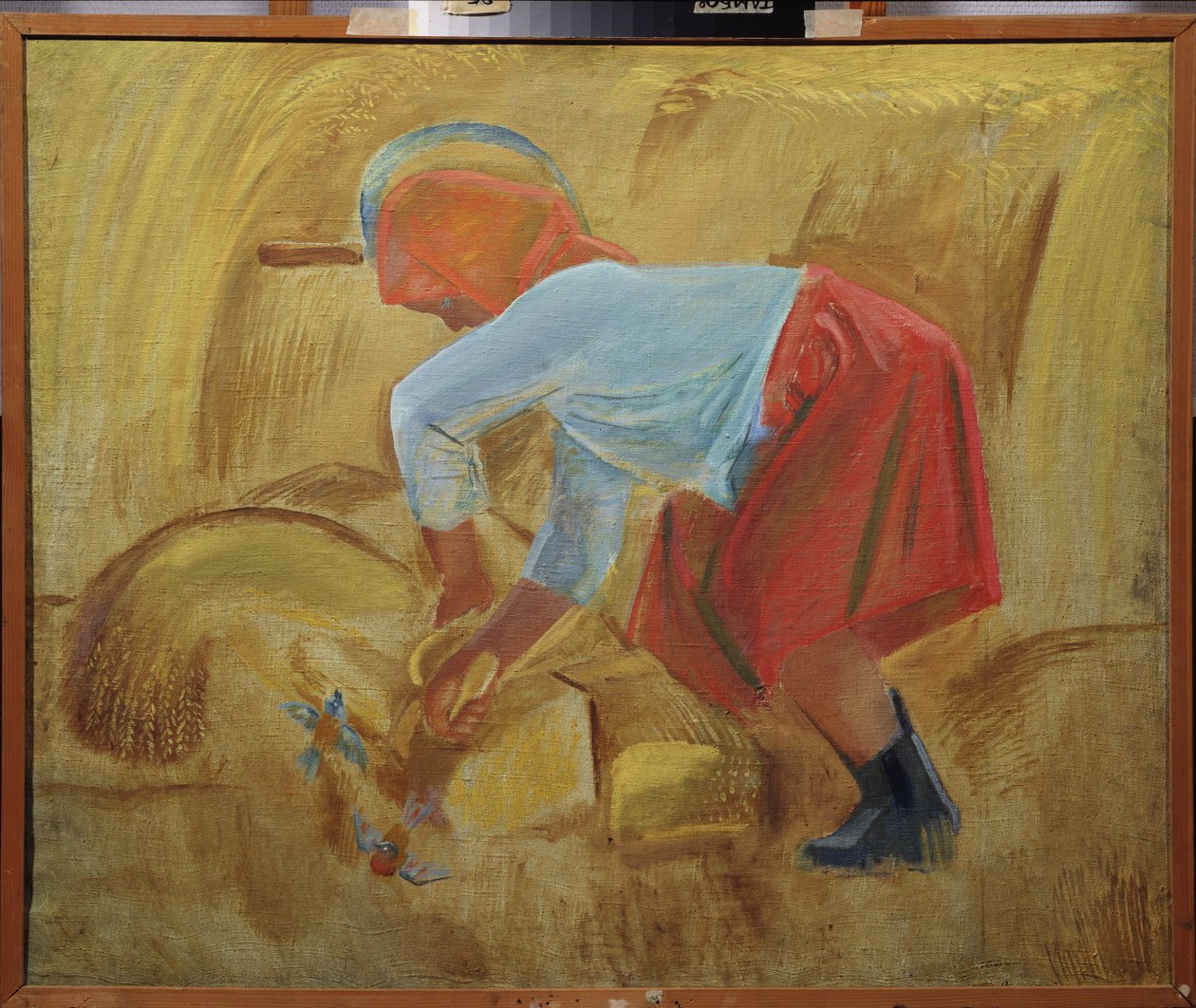 آلة حصادة عليها منجل على رأسها. لوحة أليكسي فيودوروفيتش باخوموف (1900-1973) ، زيت على قماش بواسطة فنان غير معروف