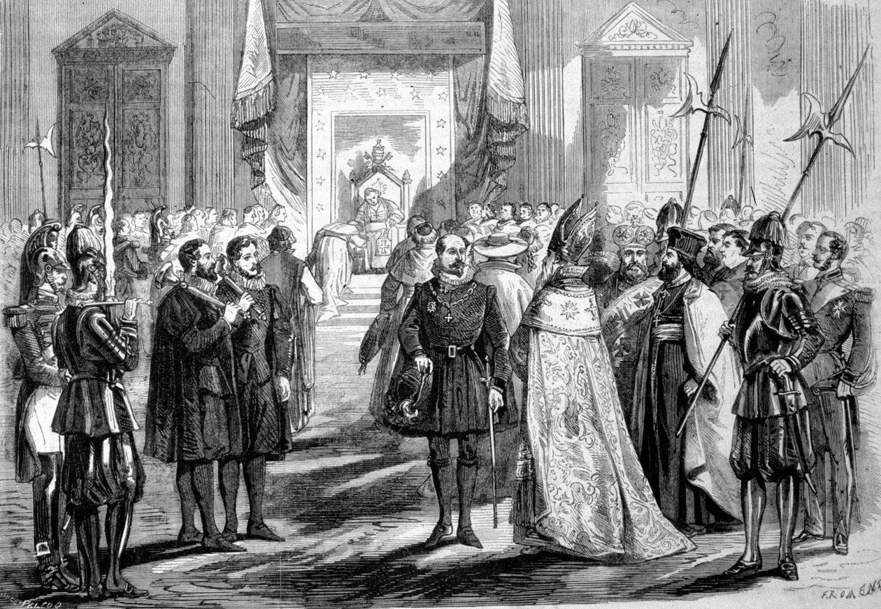 مجلس الفاتيكان الأول روما. البابا يستقبل أبي المجمع. 1869 بواسطة فنان غير معروف