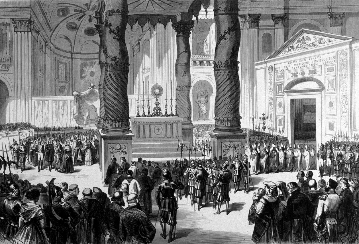 المجمع الفاتيكاني الأول. روما. يعبر الأساقفة كنيسة القديس بطرس إلى قاعة المجلس. 1870 بواسطة فنان غير معروف