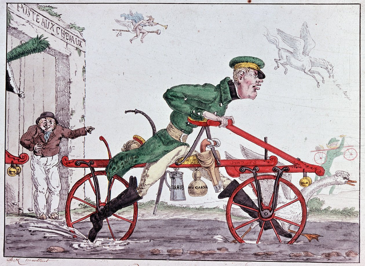 Velocipedes draisiennes - caricature on Baron Drais بواسطة فنان غير معروف
