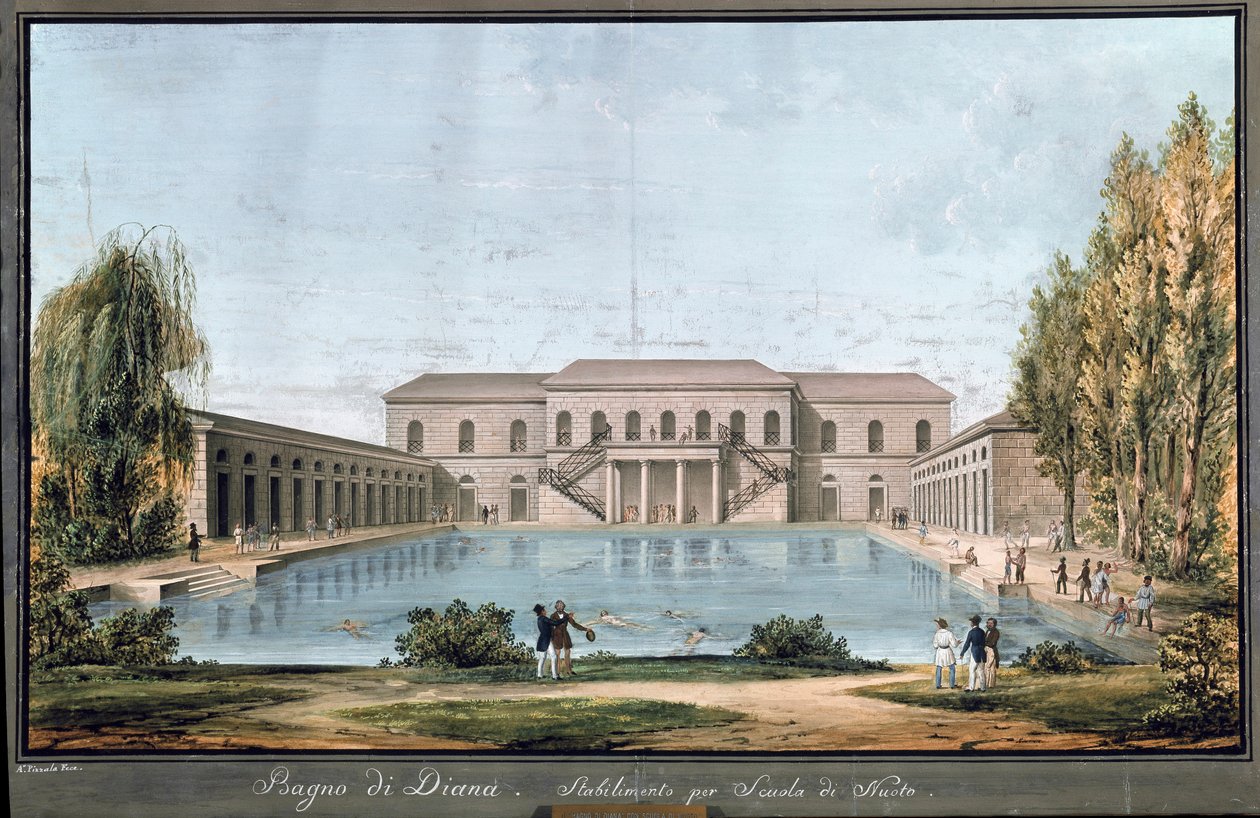 View of Diana bath, first Italian swimming pool, in Milan (Painting بواسطة فنان غير معروف