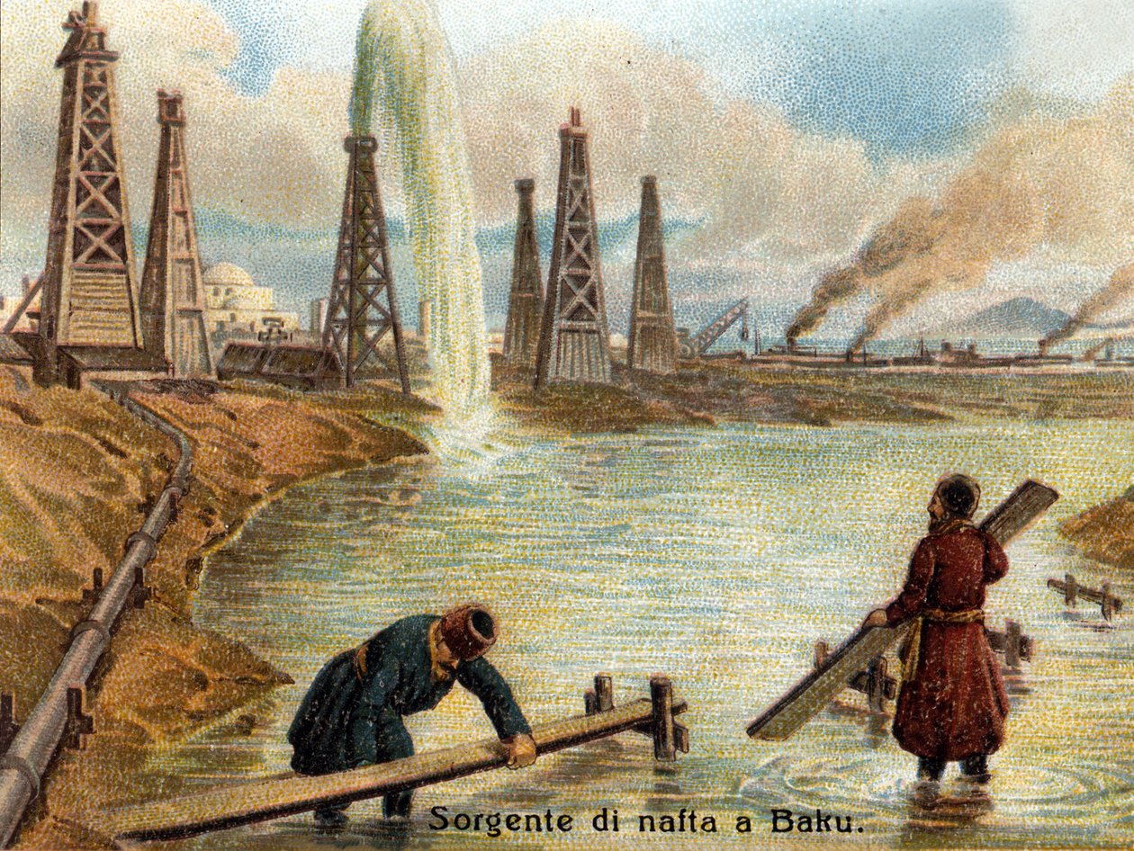 منظر لآبار النفط في باكو ، أذربيجان. الطباعة الحجرية الملونة من حوالي عام 1890. بواسطة فنان غير معروف