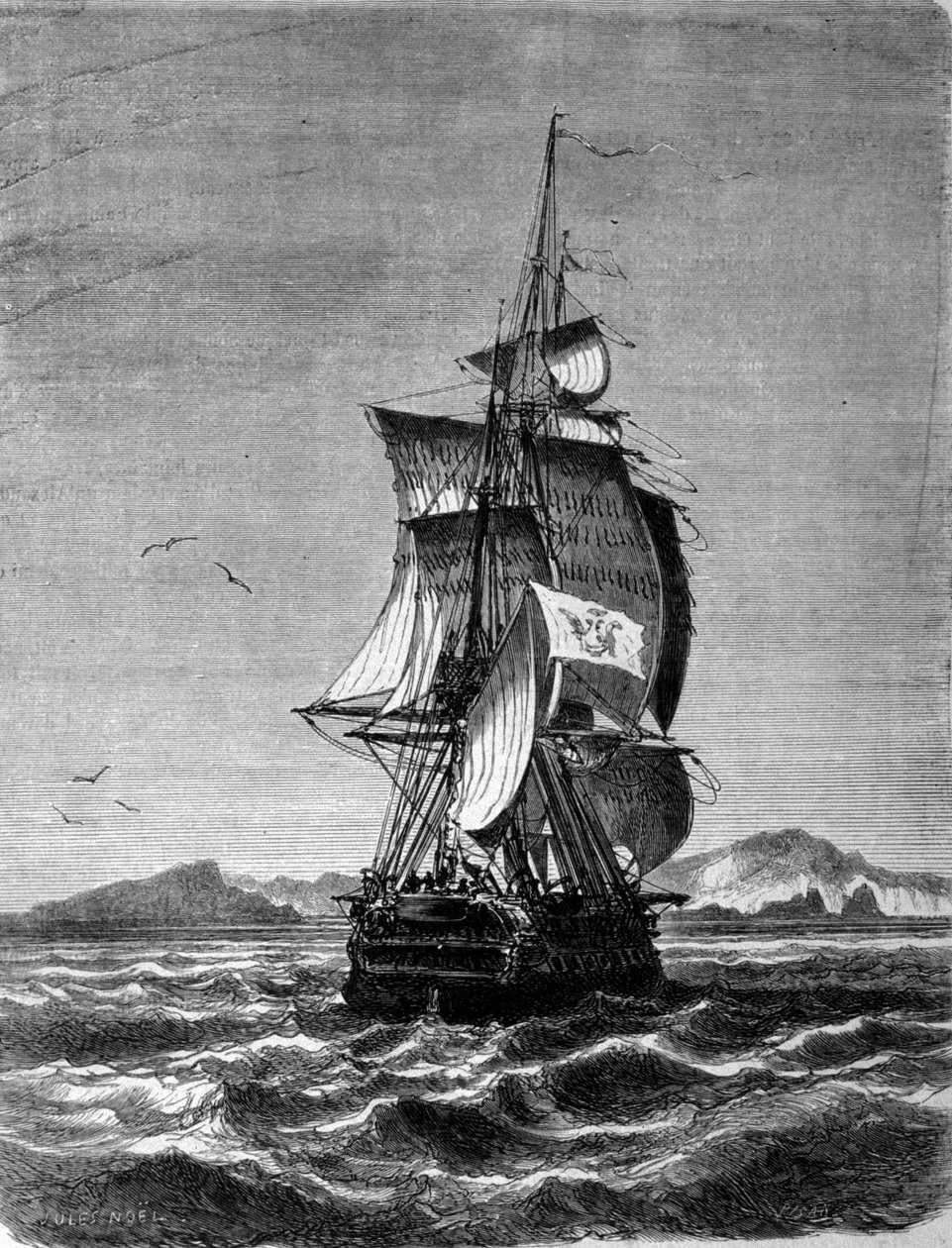 منظر الفرقاطة النمساوية نوفارا أمام جزيرة سانت بول في المحيط الهندي عام 1857. نقش يعود إلى القرن التاسع عشر بواسطة فنان غير معروف