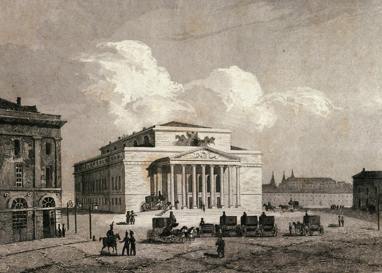 منظر لمسرح بولشوي في موسكو ، روسيا عام 1838 نقش من القرن التاسع عشر بواسطة فنان غير معروف