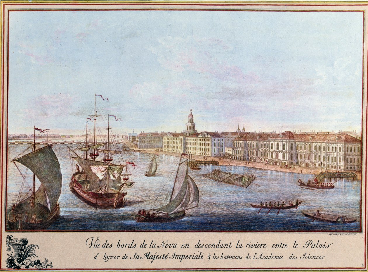 منظر لنيفا في قصر الشتاء وأكاديمية العلوم في سانت بطرسبرغ. تطبع حوالي 1753. باريس ، BN بواسطة فنان غير معروف