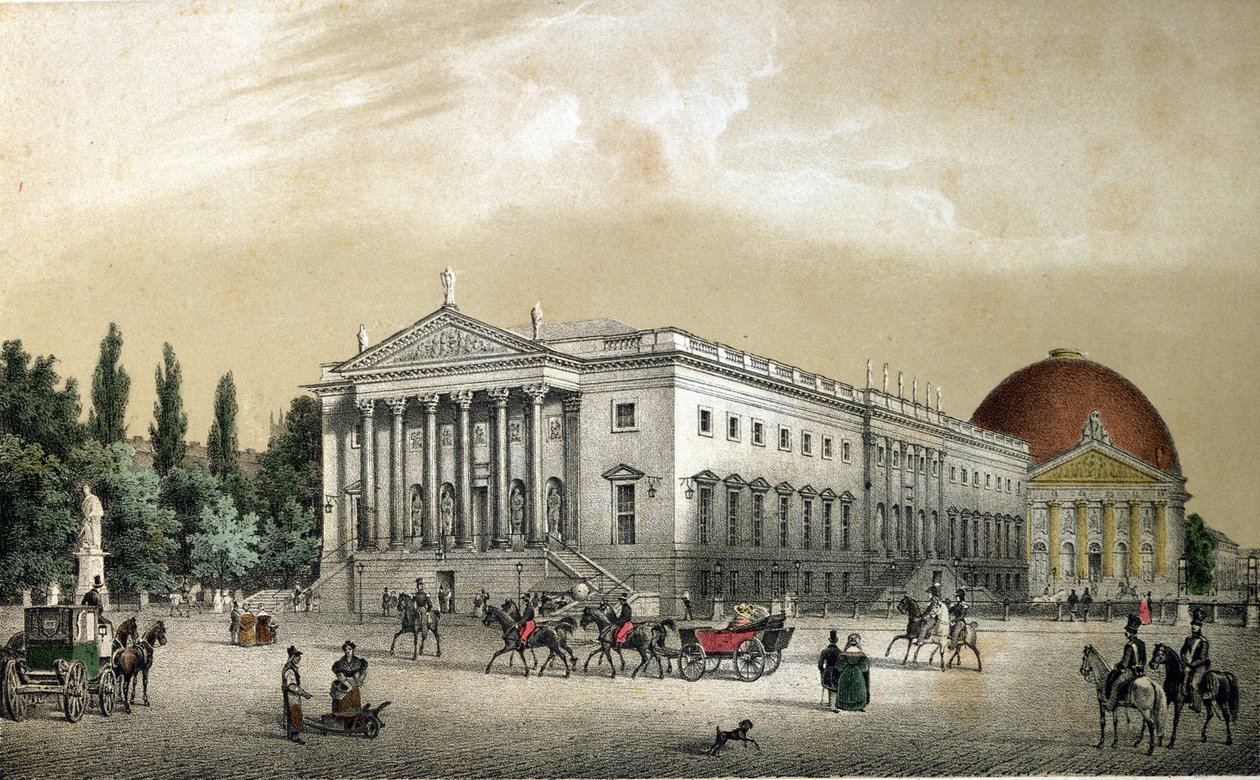 منظر لأوبرا دونتر دن ليندن (Staatsoper Unter den Linden) في شارع يحمل نفس الاسم ، مع كاتدرائية Sainte-Edwige (Sainte Edwige) الواقعة في Bebelplatz (Opernplatz) ، برلين. نقش ألماني من عام 1850 بواسطة فنان غير معروف