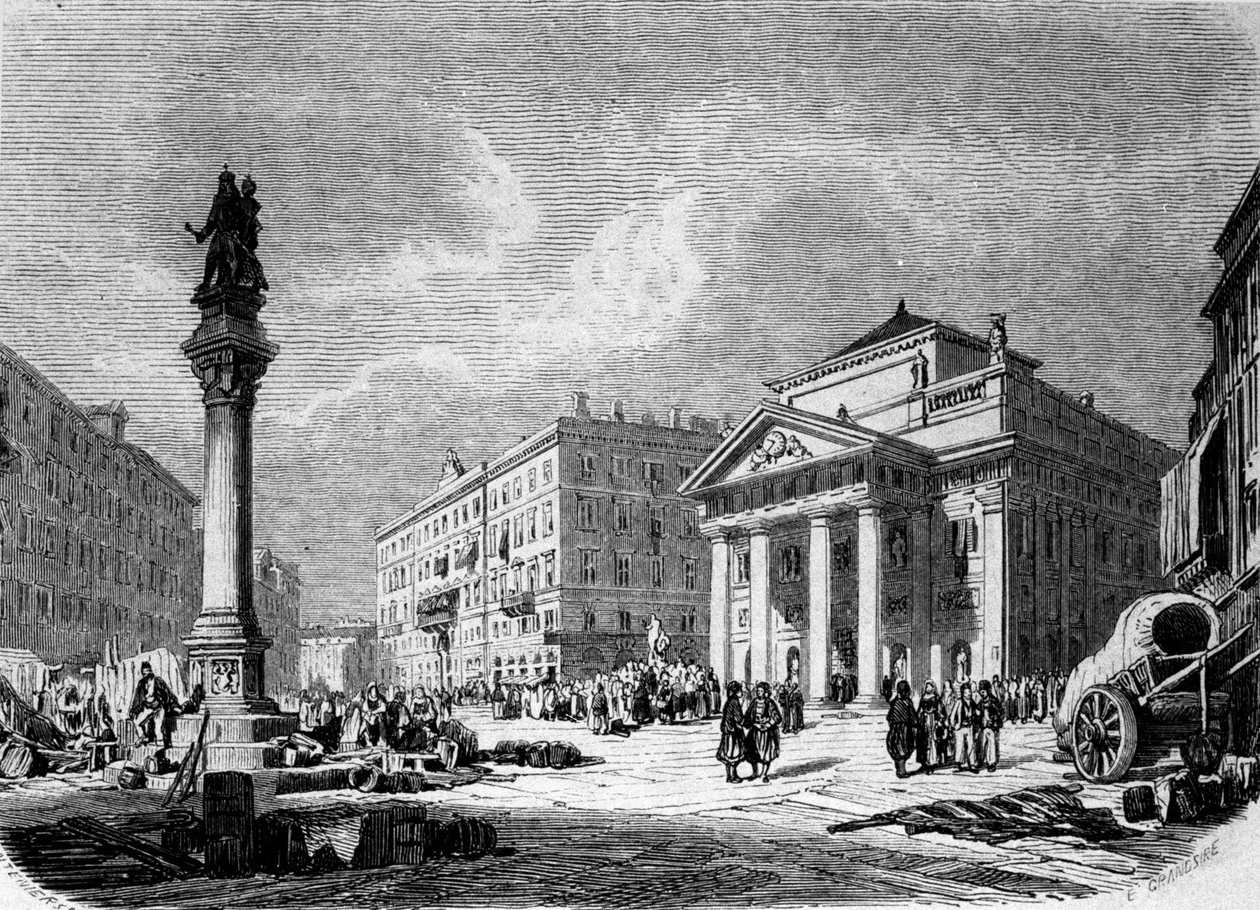 منظر لـ Place de la Bourse في ترييستي (خلال الفترة النمساوية) ، نقش من القرن التاسع عشر بواسطة فنان غير معروف