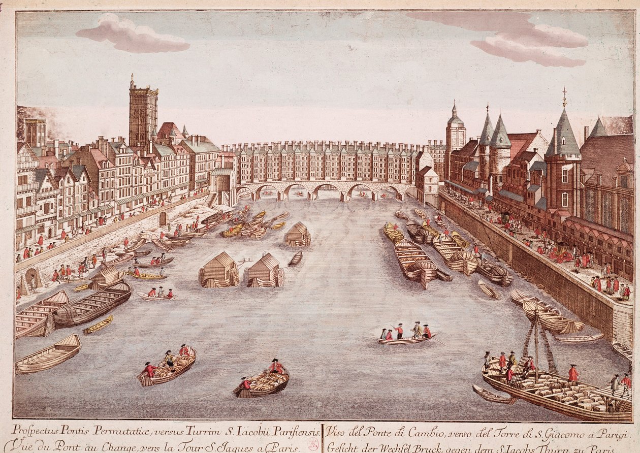 منظر ل Pont-au-Change باتجاه برج Saint-Jacques ، باريس (نقش) بواسطة فنان غير معروف
