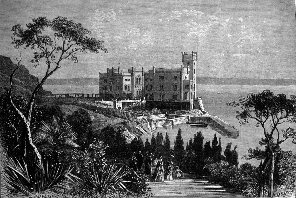 منظر لقلعة ميرامار في ترييستي (خلال الفترة النمساوية) ، نقش من عام 1885 بواسطة فنان غير معروف