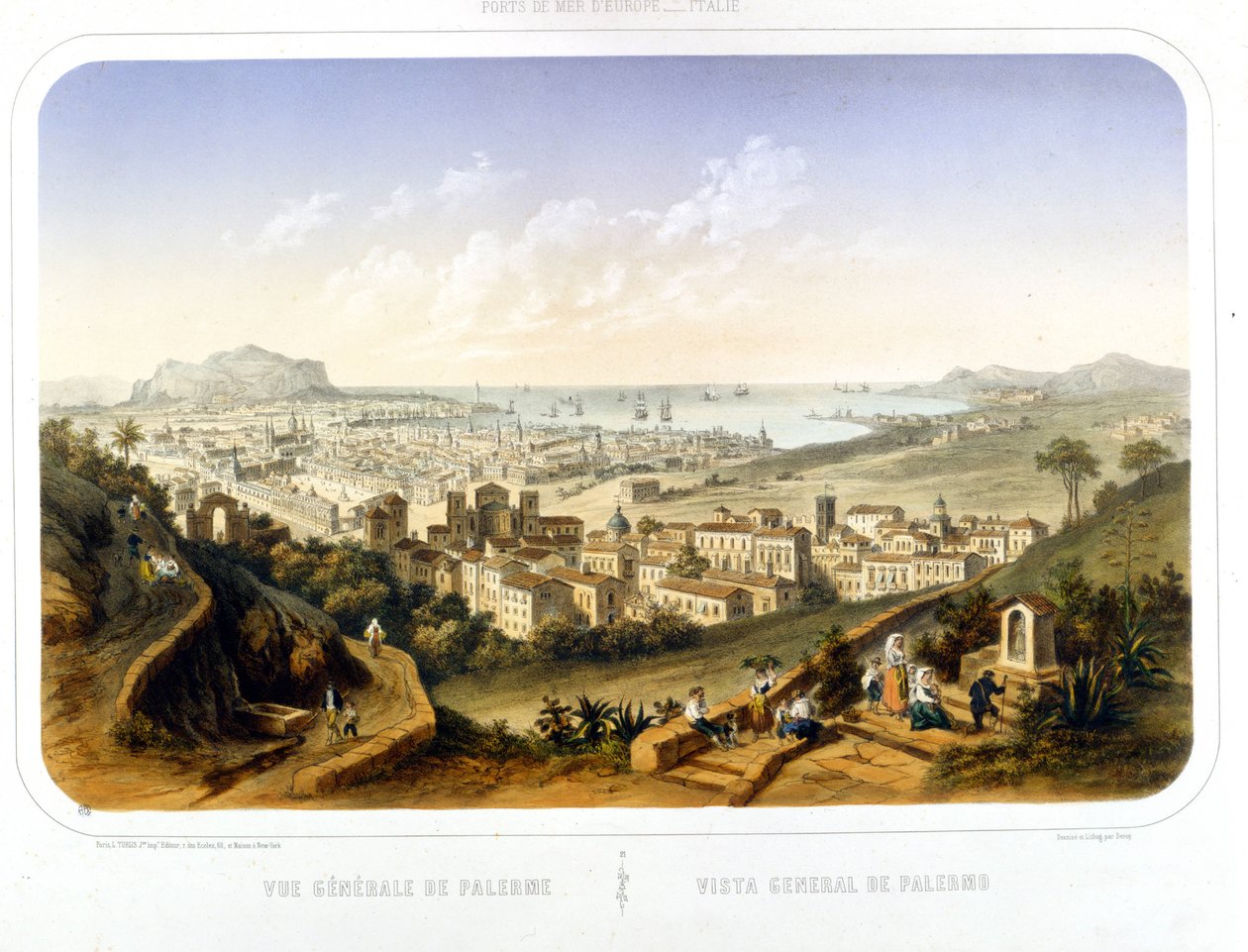 منظر لمدينة باليرمو (باليرمو). 1850. نقش من عام 1860 بواسطة فنان غير معروف