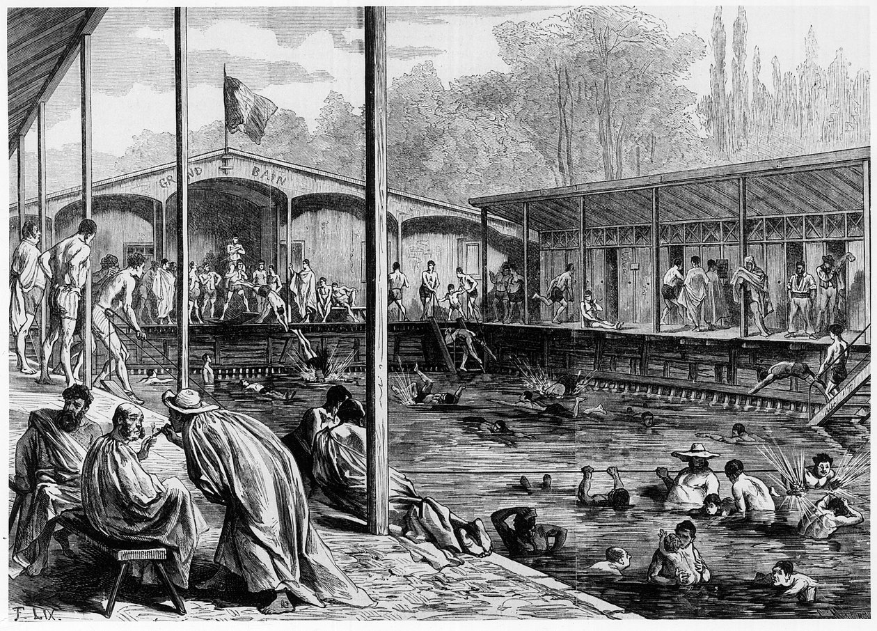 منظر للحمامات الباردة في باريس - في "الكون اللامع" بتاريخ 26/8/1871 بواسطة فنان غير معروف
