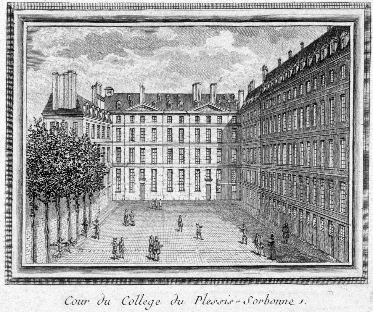 منظر لمحكمة كلية Plessis Sorbonne (باريس) ، التي تأسست عام 1323 من قبل Geoffroy du Plessis Balisson ، استخدمتها ENA في عامي 1848 و 1849. نقش محفوظ في Musee Carnavalet. بواسطة فنان غير معروف
