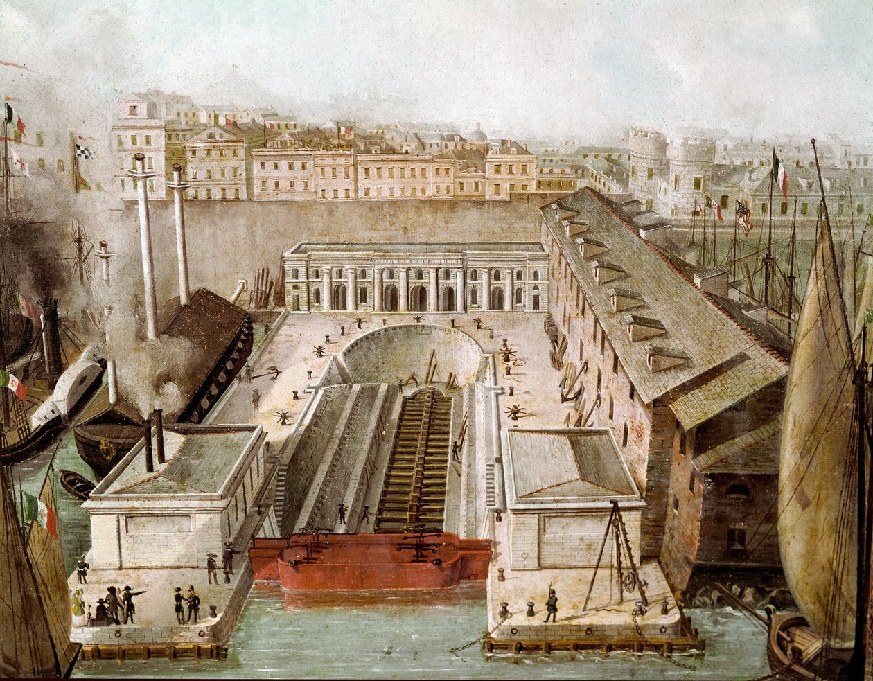 View of the dry hold of the port of Naples inaugurated in 1852 (View over the drydock of Naples) Painting of the 19th century Museo di Capodimonte Naples بواسطة فنان غير معروف