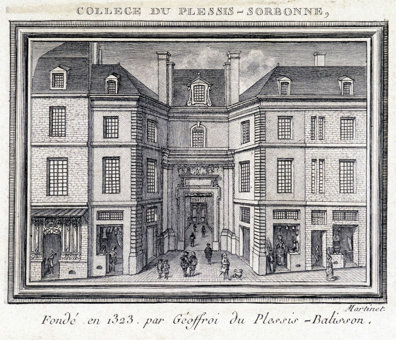 منظر للواجهة الخارجية لكلية Plessis Sorbonne (باريس) ، التي تأسست عام 1323 من قبل Geoffroy of Plessis Balisson والتي استخدمتها ENA من 1848 إلى 1849. نقش محفوظ في متحف كارنافالي ، باريس. بواسطة فنان غير معروف