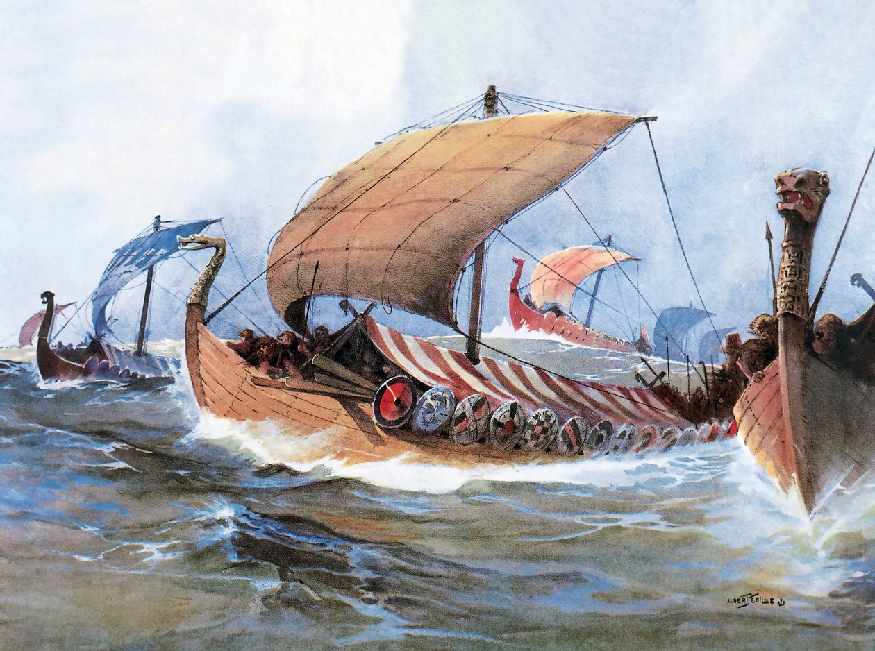 Viking boat in transit towards Normandy, watercolor بواسطة فنان غير معروف