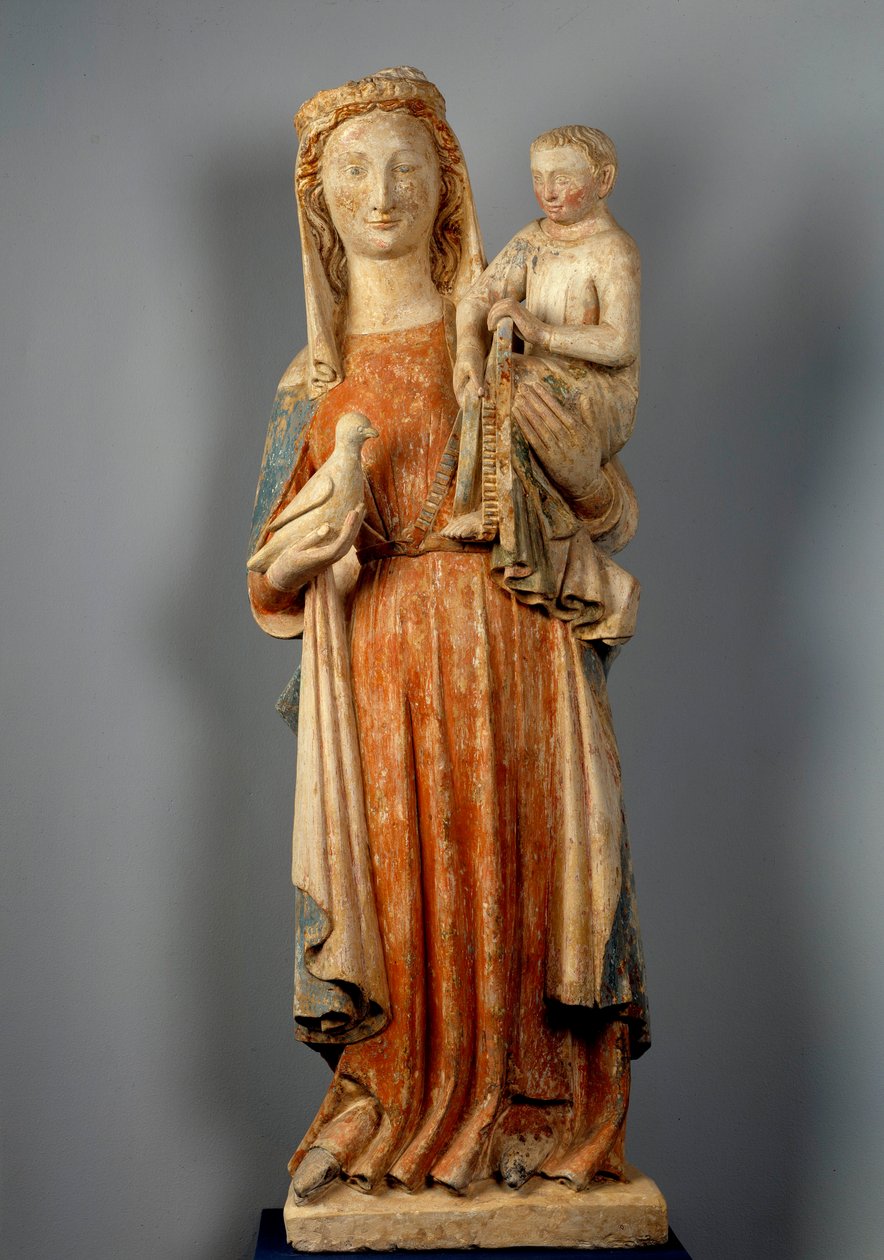 Virgin and Child The Virgin holds a dove in hand. Polychrome stone sculpture. 15th century. Church of Montaigu les Bois. بواسطة فنان غير معروف