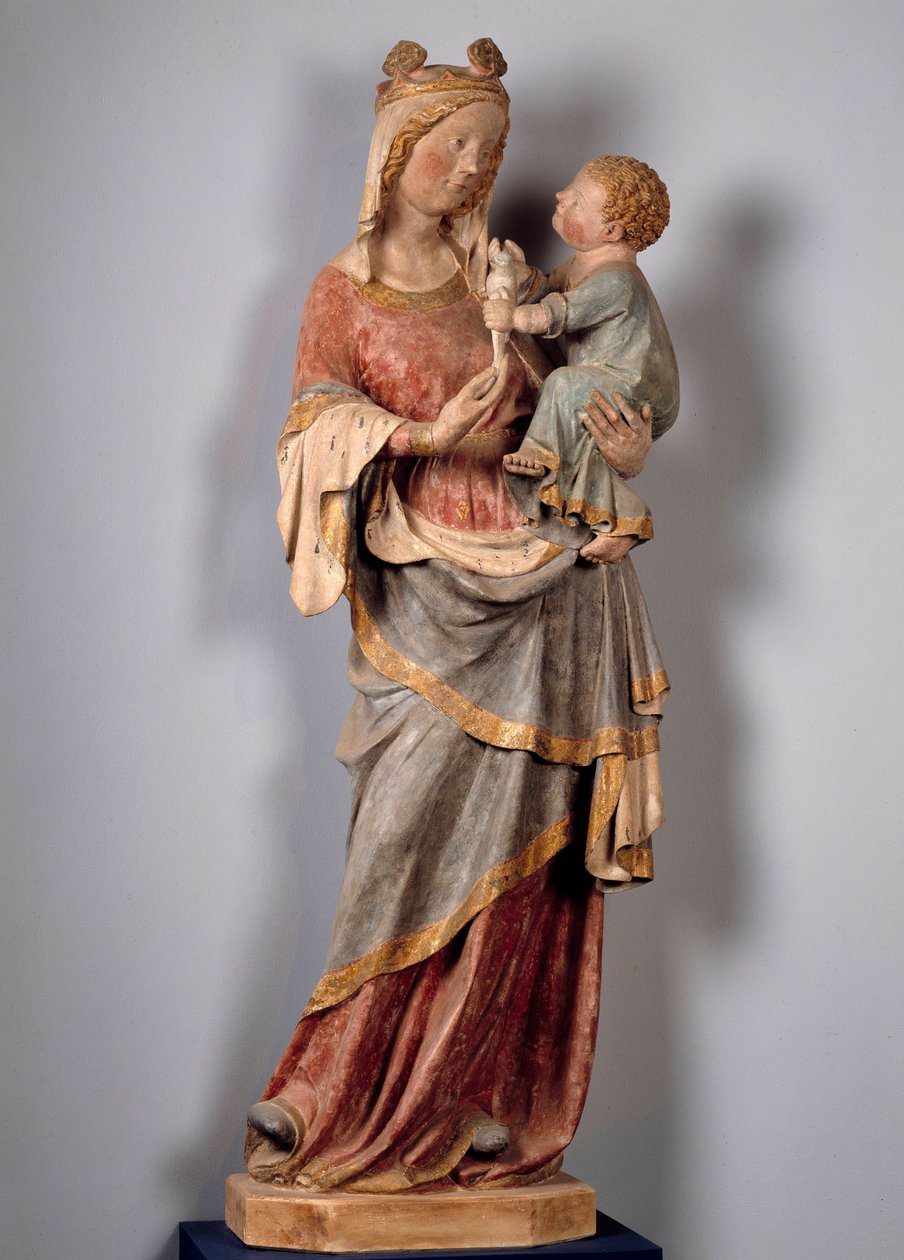 Virgin and Child The child holds the dove. Polychrome stone sculpture from the beginning of the 14th century. Champeuil, parish church بواسطة فنان غير معروف