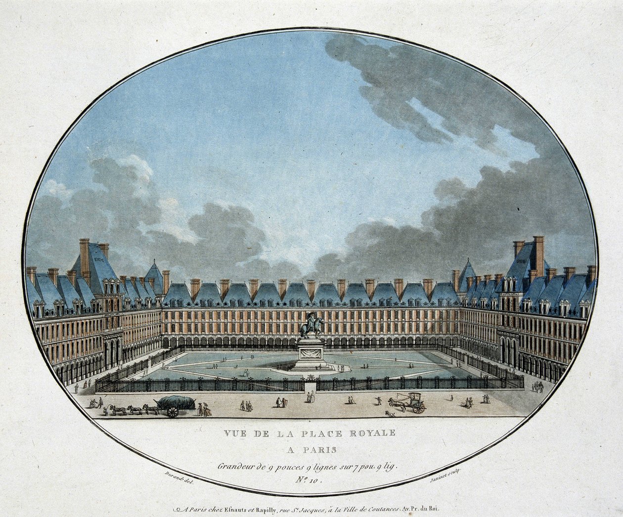 منظر لـ Place Royale في باريس (Place des Vosges). sd. نقش القرن الثامن عشر. بواسطة فنان غير معروف