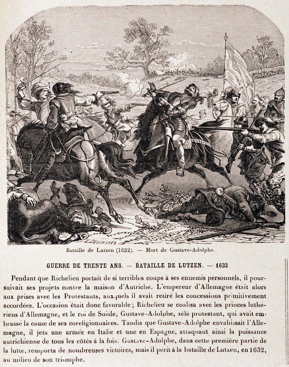 حرب الثلاثين عامًا: معركة لوتزن (1632) وموت جوستاف أدولف. - في "L'Histoire de France en 100 tableaux" " بواسطة فنان غير معروف