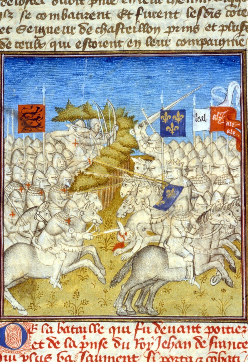 حرب المائة عام: معركة بواتييه - في "" Grandes Chronicles de Saint-Denis "" ، نهاية القرن الرابع عشر (المرجع 512 ، 392v) بواسطة فنان غير معروف