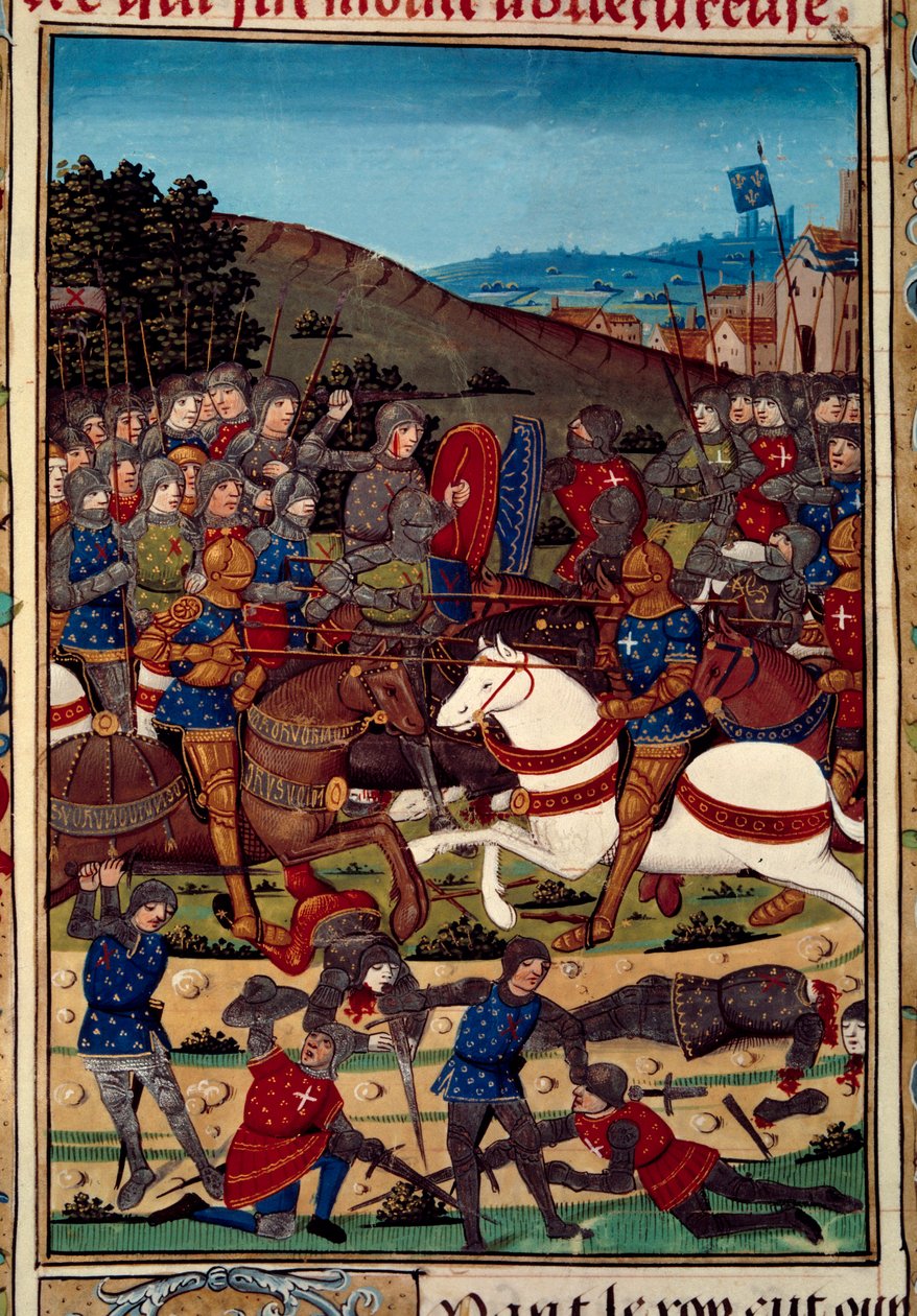 حرب عصبة الصالح العام (أو ثورة النبلاء): معركة مونتليري في 16/07/1465 بين لويس الحادي عشر (1423-1483) وتشارلز ، كونت شارولايس (تشارلز تيميراير المستقبلي) (1433-1477). منمنمة مضاءة من مخطوطة "" Vigiles du r بواسطة فنان غير معروف