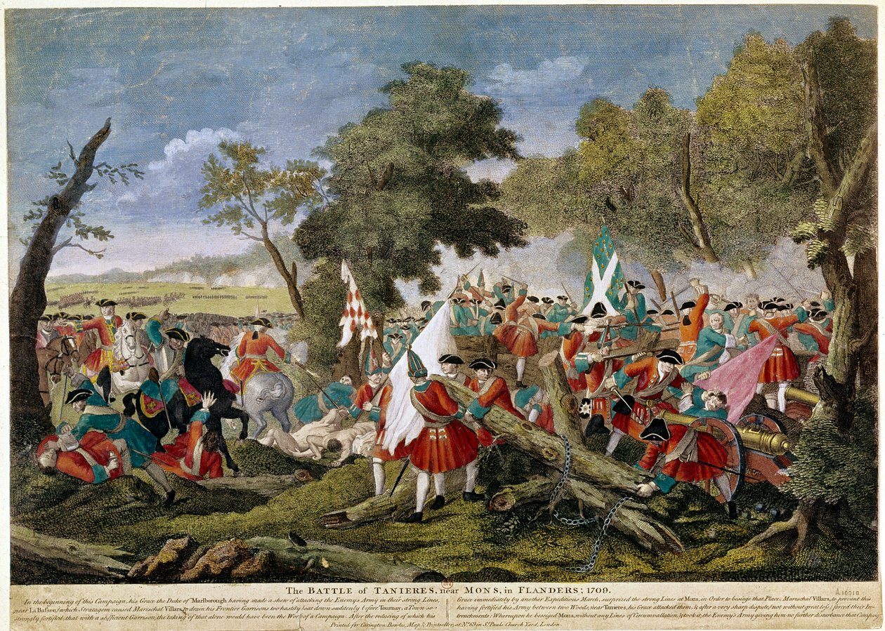 حرب الخلافة الإسبانية (1701-1714): منظر لمعركة Malplaquet بالقرب من مونس على الحدود الفرنسية البلجيكية 11/09/1709 معارضة القوات الفرنسية والإسبانية للتحالف الإنجليزي والهولندي والنمساوي - طبعات عام 1709 - باريس باريس بواسطة فنان غير معروف