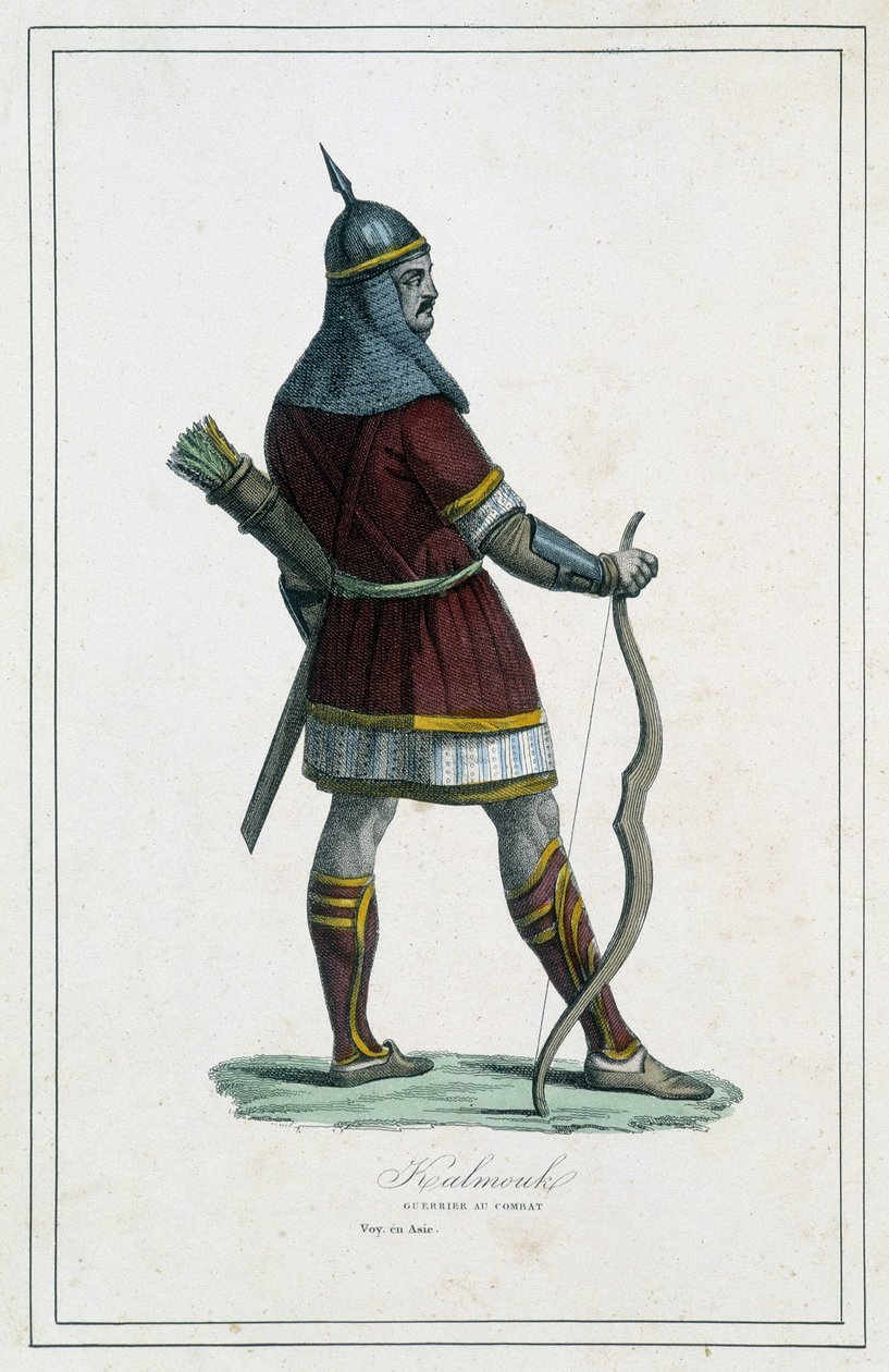 Warrior Kalmouk (Mongolian people of Siberia Meridionale) - in “” The different peoples of the earth”” by Abbé P. Jouhanneaud, Librairie des Bons Livres, Limoges بواسطة فنان غير معروف