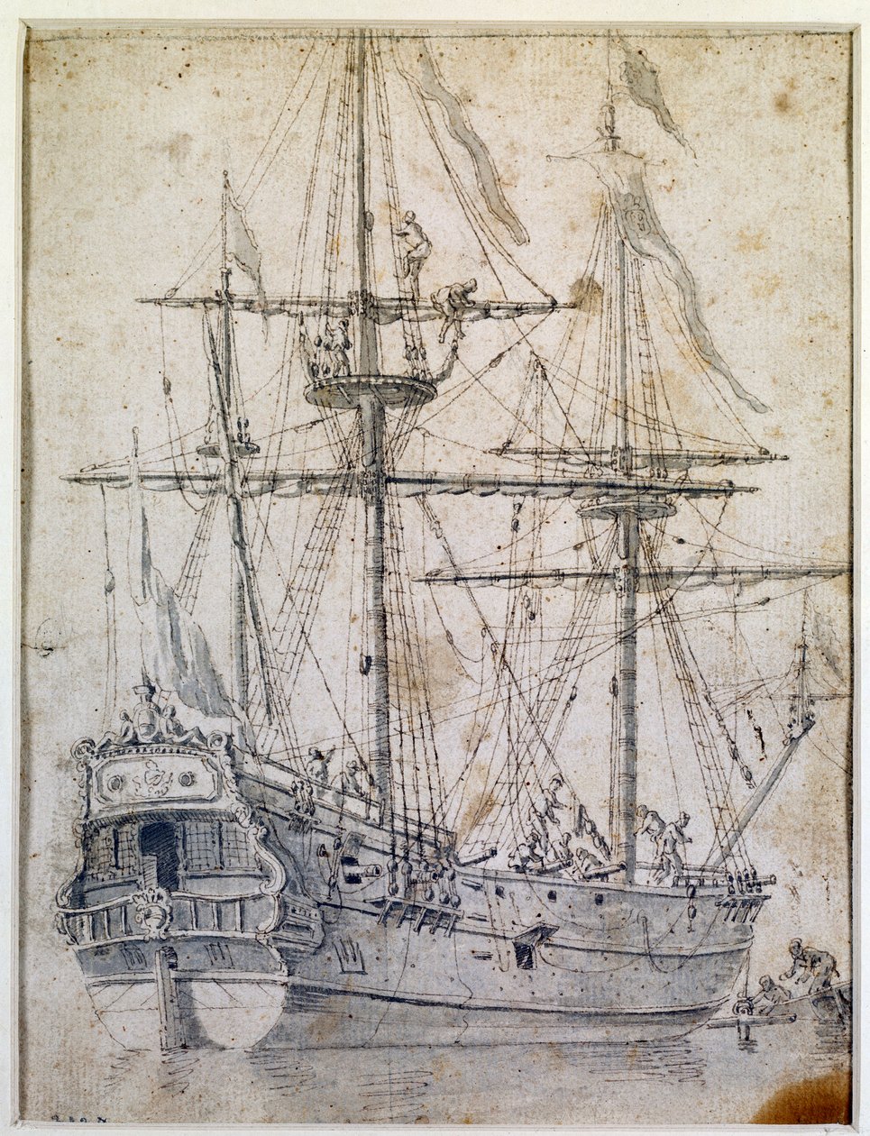 Warship: 18th century ink wash Paris, decorative arts بواسطة فنان غير معروف