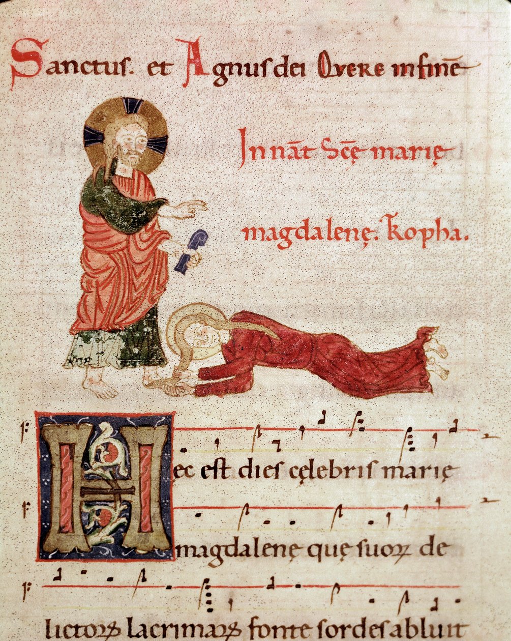 Washing of the Feet: Mary Madgalene leaning on the feet of Christ Miniature from a gradual antiphonary (tropair) (ms. 65) 12th century Piacenza, Biblioteca Capitolare بواسطة فنان غير معروف