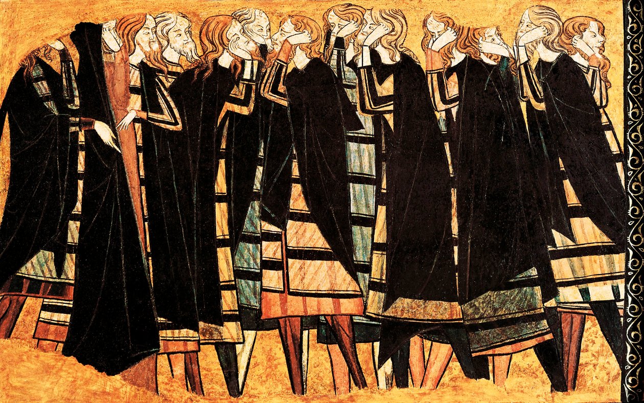 Weeping in black cape on the tomb of Knight Don Sancho Saiz de Carillo, detail of the fresco decorating the tomb. Detrempe on wood. End of the 13th century. Museu Nacional d